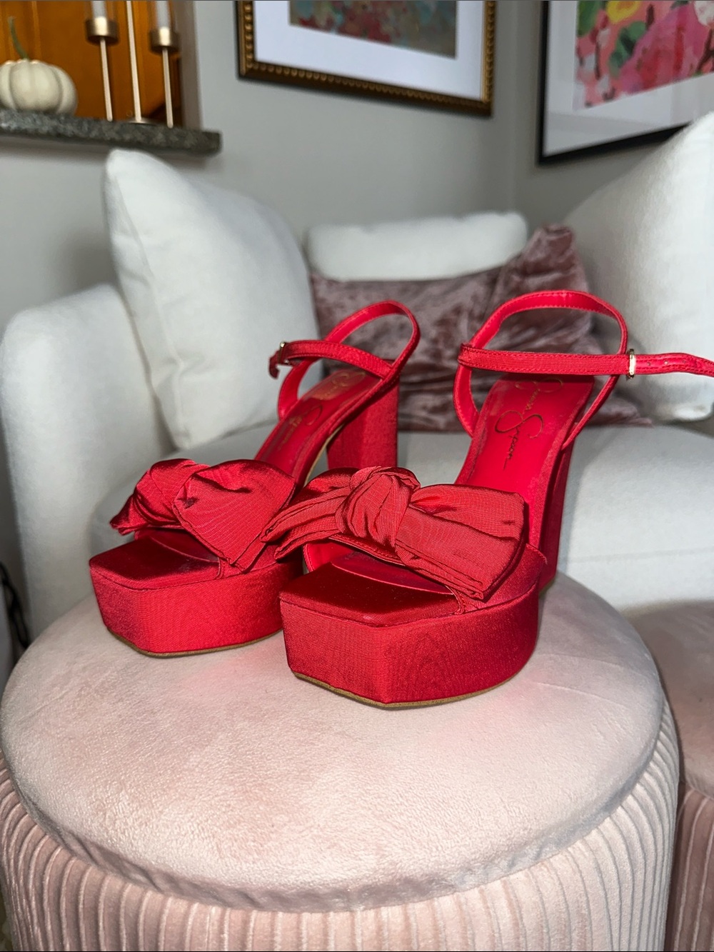 Jessica Simpson Red Platform Block Heel Sandals with Knot Bow - 7.5 ๐